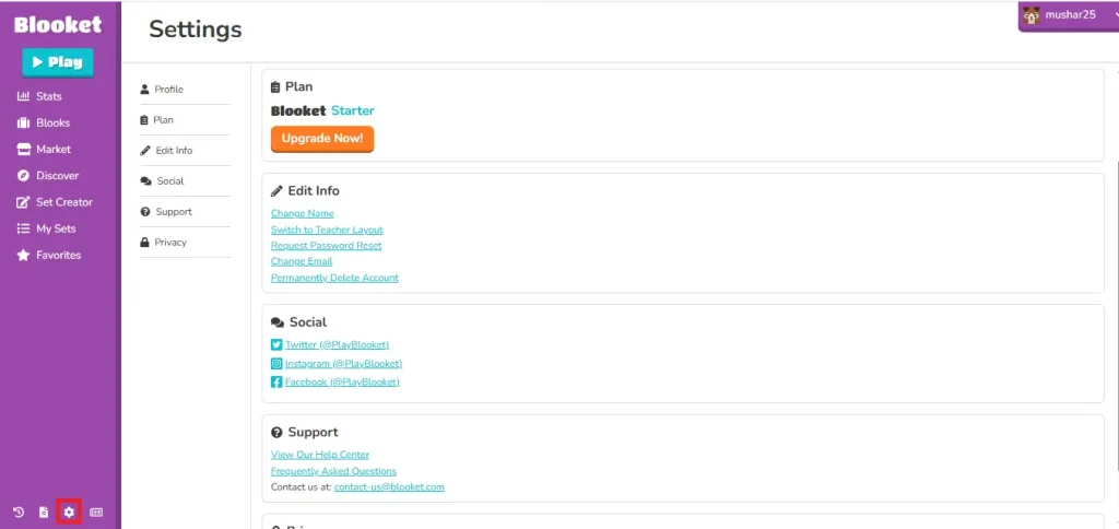 Blooket dashboard settings