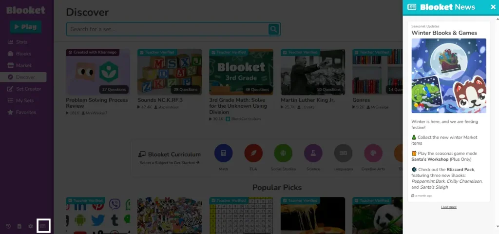 blooket dahboard news section