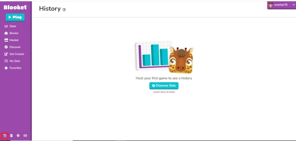 history section in dashboard of blooket
